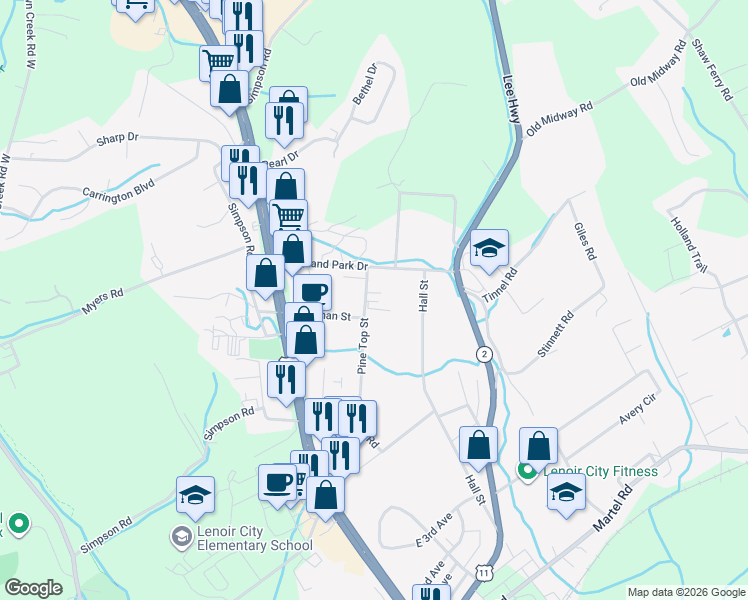 map of restaurants, bars, coffee shops, grocery stores, and more near 1303 Pine Top Road in Lenoir City