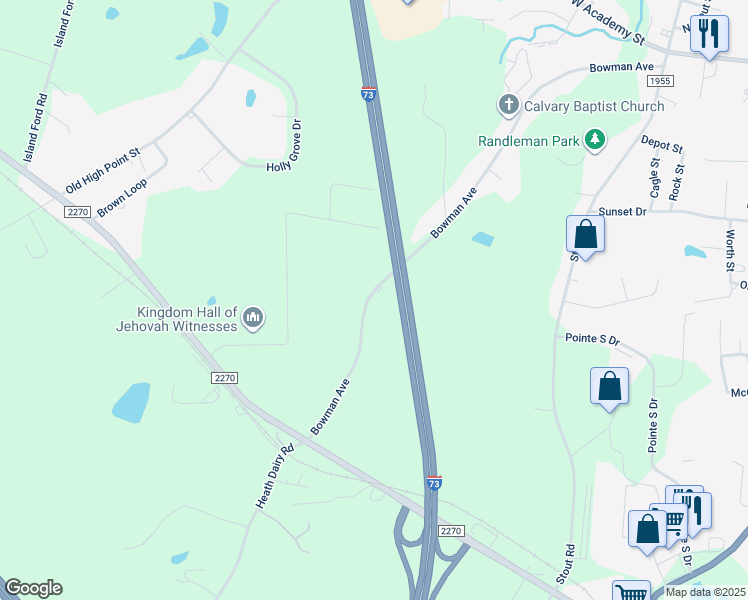 map of restaurants, bars, coffee shops, grocery stores, and more near 3996 Bowman Avenue in Randleman