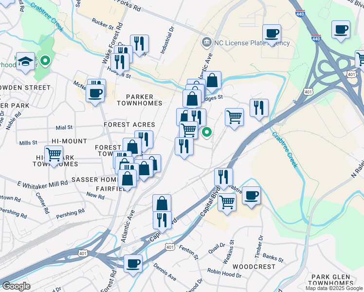 map of restaurants, bars, coffee shops, grocery stores, and more near 1200 Wicker Dr in Raleigh