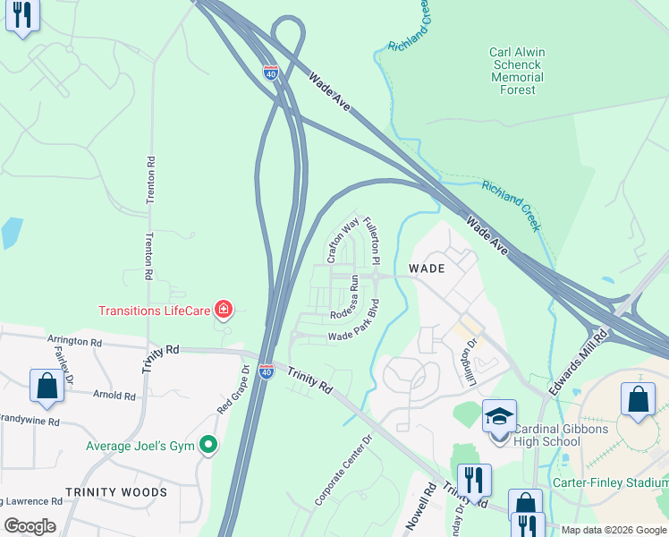 map of restaurants, bars, coffee shops, grocery stores, and more near 1401 Van Page Boulevard in Raleigh