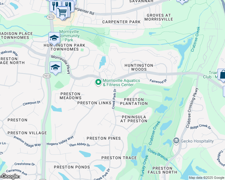 map of restaurants, bars, coffee shops, grocery stores, and more near 101 West Seve Court in Morrisville