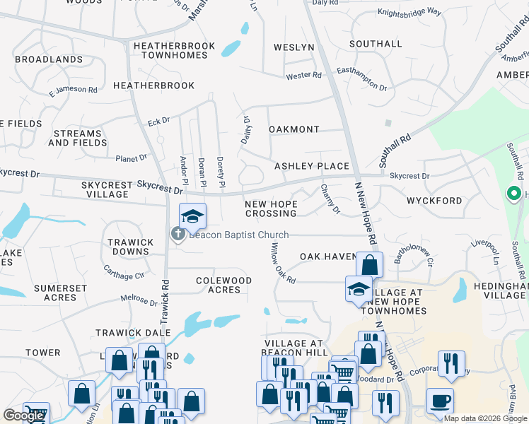 map of restaurants, bars, coffee shops, grocery stores, and more near 4009 Toccopola Street in Raleigh