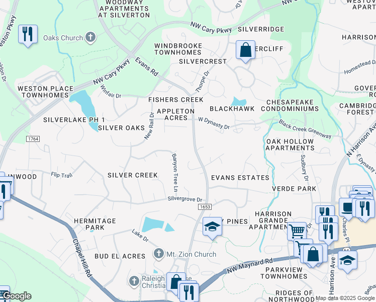 map of restaurants, bars, coffee shops, grocery stores, and more near 1135 Evans Road in Cary