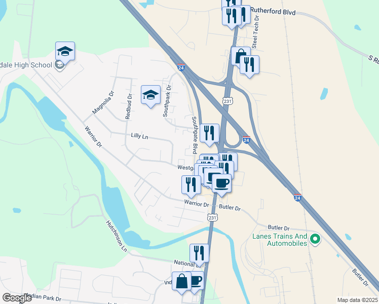 map of restaurants, bars, coffee shops, grocery stores, and more near 2450 Southgate Boulevard in Murfreesboro