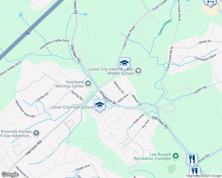 map of restaurants, bars, coffee shops, grocery stores, and more near 1502 Old Highway 95 in Lenoir City