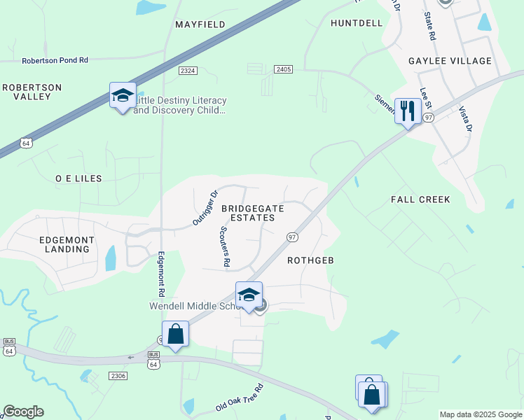 map of restaurants, bars, coffee shops, grocery stores, and more near 7313 Campsite Drive in Wendell