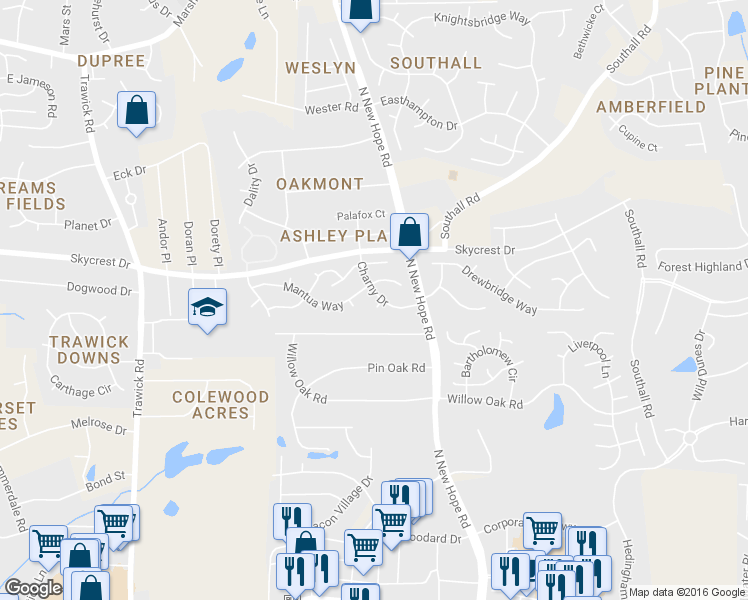 map of restaurants, bars, coffee shops, grocery stores, and more near 2131 Charny Drive in Raleigh