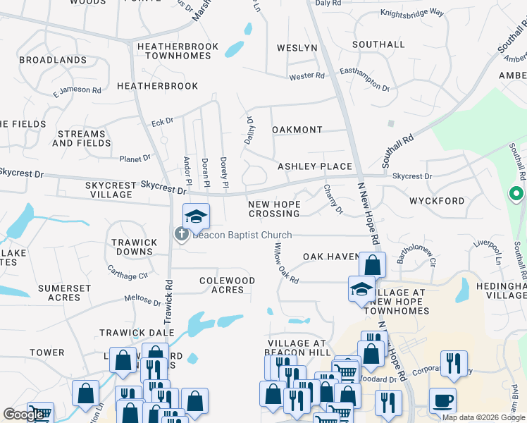 map of restaurants, bars, coffee shops, grocery stores, and more near 4009 Toccopola Street in Raleigh