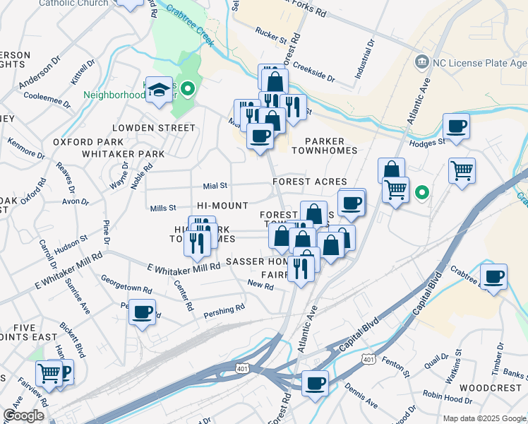 map of restaurants, bars, coffee shops, grocery stores, and more near 744 Mills Street in Raleigh