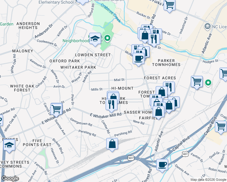 map of restaurants, bars, coffee shops, grocery stores, and more near 608 Mills Street in Raleigh