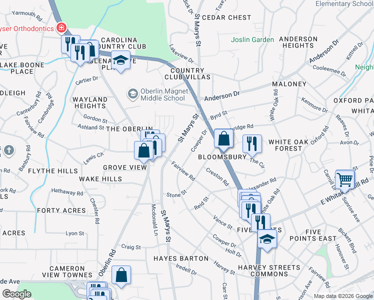 map of restaurants, bars, coffee shops, grocery stores, and more near 2115 Cowper Drive in Raleigh