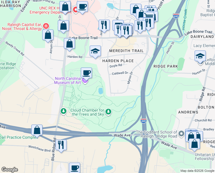 map of restaurants, bars, coffee shops, grocery stores, and more near 2007 Nancy Ann Drive in Raleigh