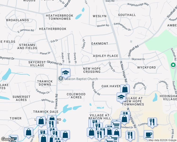 map of restaurants, bars, coffee shops, grocery stores, and more near 4009 Toccopola Street in Raleigh