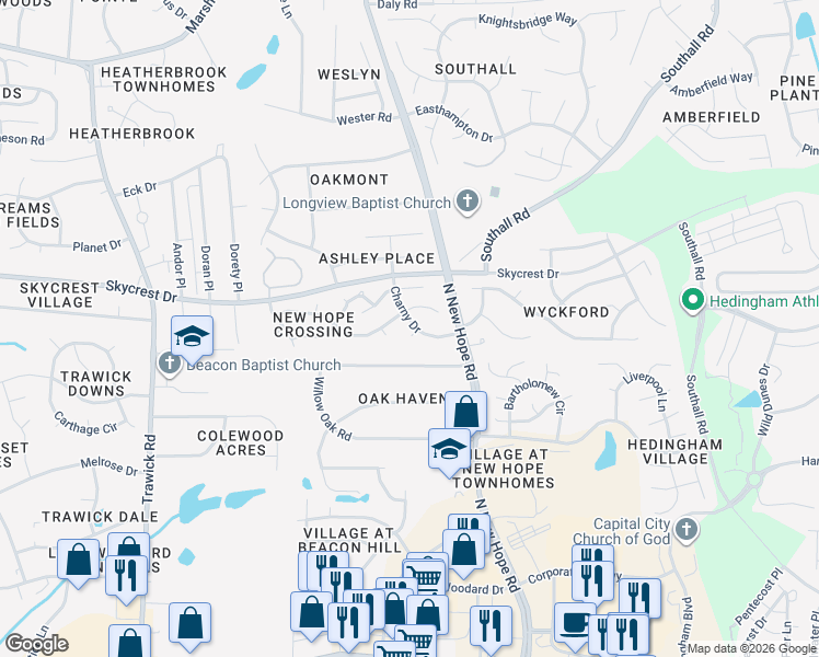 map of restaurants, bars, coffee shops, grocery stores, and more near 2131 Charny Drive in Raleigh