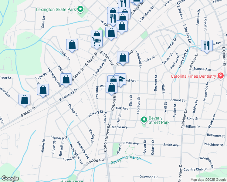 map of restaurants, bars, coffee shops, grocery stores, and more near 307 North Carolina 8 in Lexington
