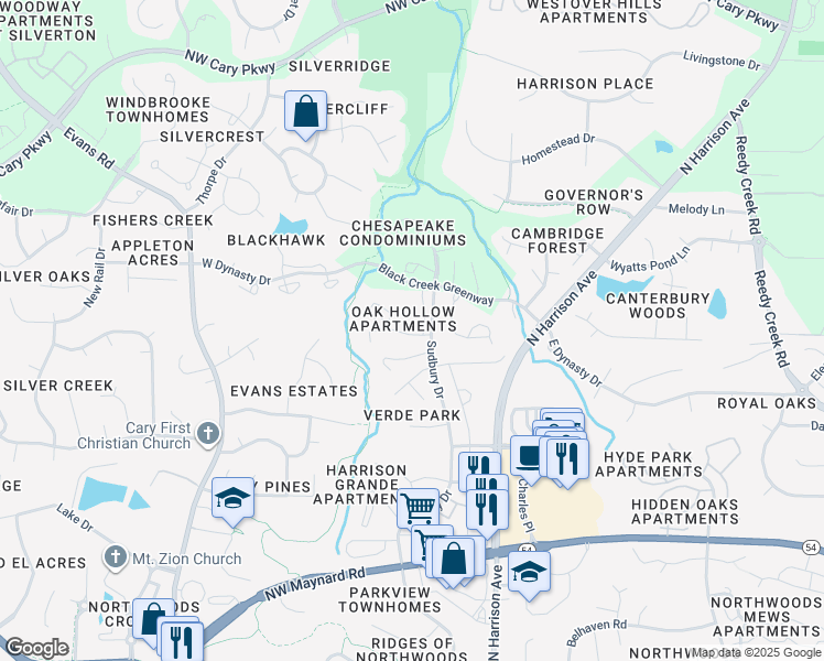 map of restaurants, bars, coffee shops, grocery stores, and more near 100 Collier Place in Cary