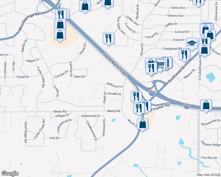 map of restaurants, bars, coffee shops, grocery stores, and more near 3012 Quail Drive in Jonesboro