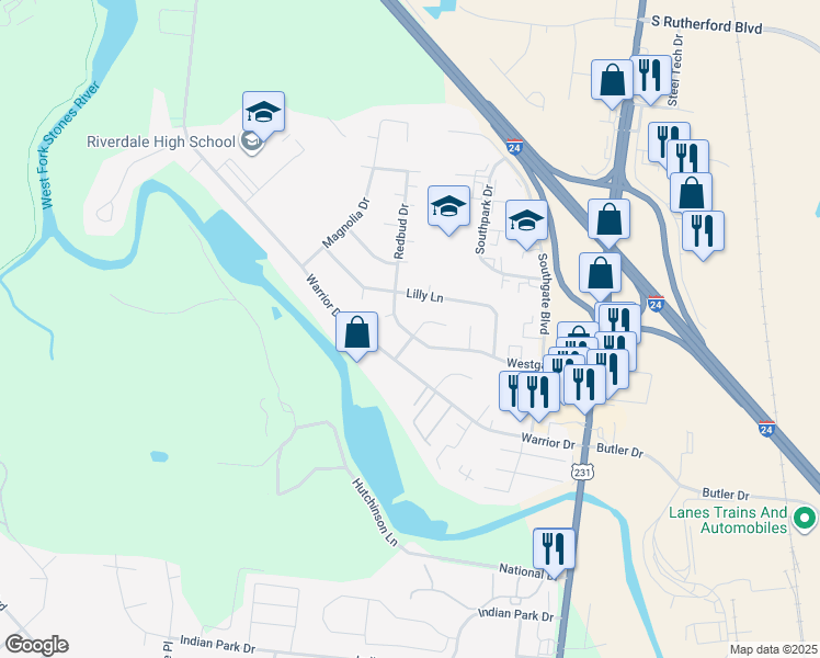 map of restaurants, bars, coffee shops, grocery stores, and more near 504 Westgate Boulevard in Murfreesboro