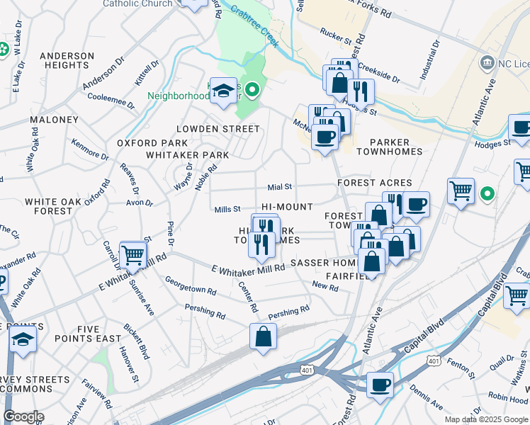map of restaurants, bars, coffee shops, grocery stores, and more near 604 Mills Street in Raleigh