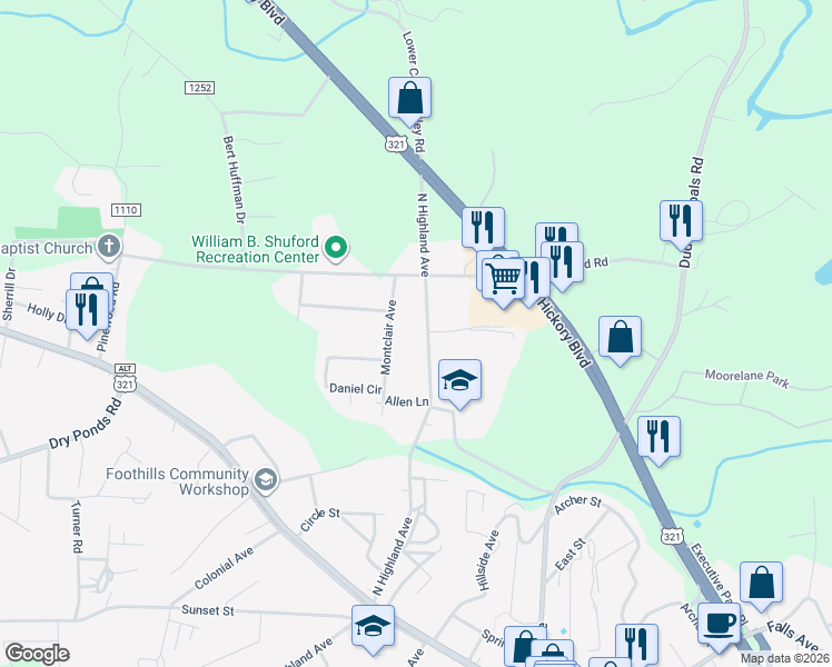 map of restaurants, bars, coffee shops, grocery stores, and more near 75 North Highland Avenue in Granite Falls