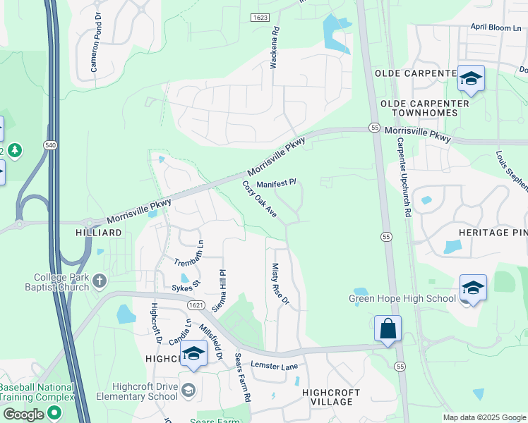 map of restaurants, bars, coffee shops, grocery stores, and more near 1333 Cozy Oak Avenue in Cary