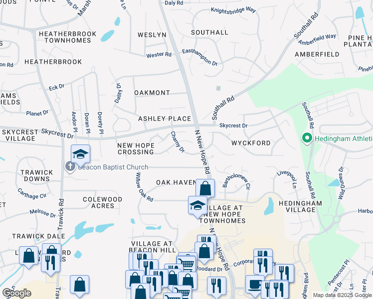 map of restaurants, bars, coffee shops, grocery stores, and more near 2128 Charny Drive in Raleigh