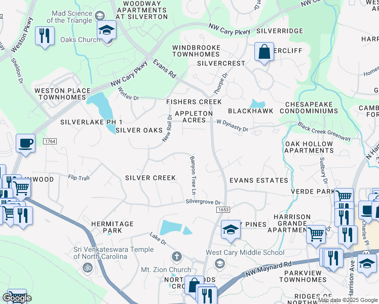 map of restaurants, bars, coffee shops, grocery stores, and more near 200 Banyon Tree Lane in Cary
