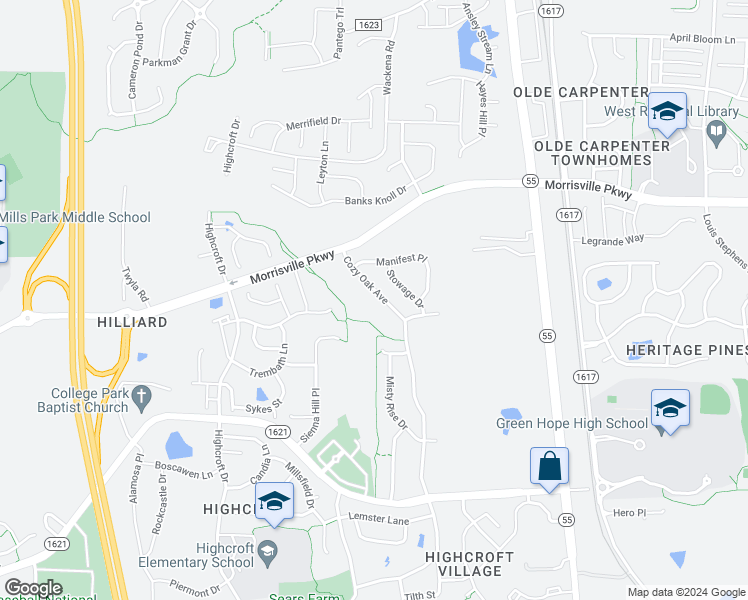 map of restaurants, bars, coffee shops, grocery stores, and more near 1333 Cozy Oak Avenue in Cary