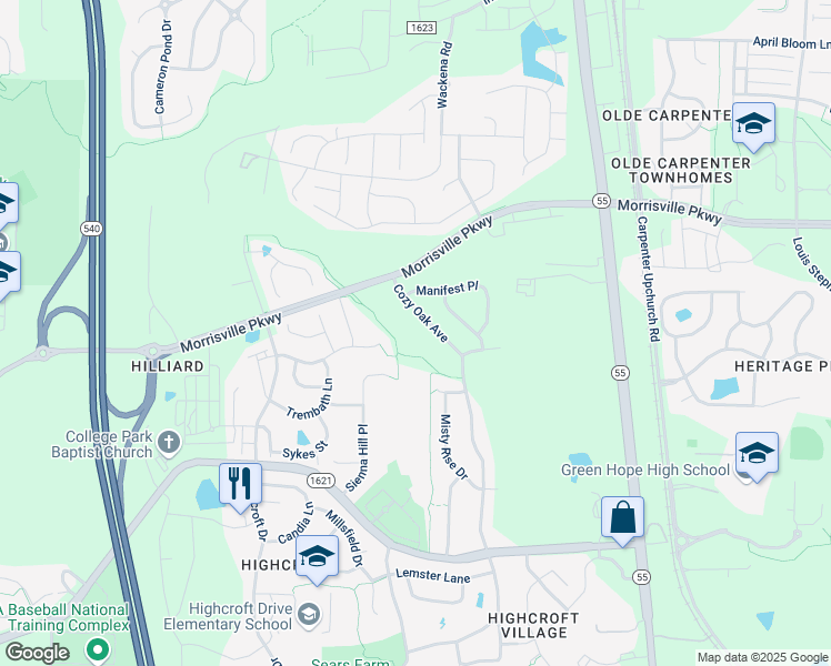 map of restaurants, bars, coffee shops, grocery stores, and more near 1307 Cozy Oak Avenue in Cary