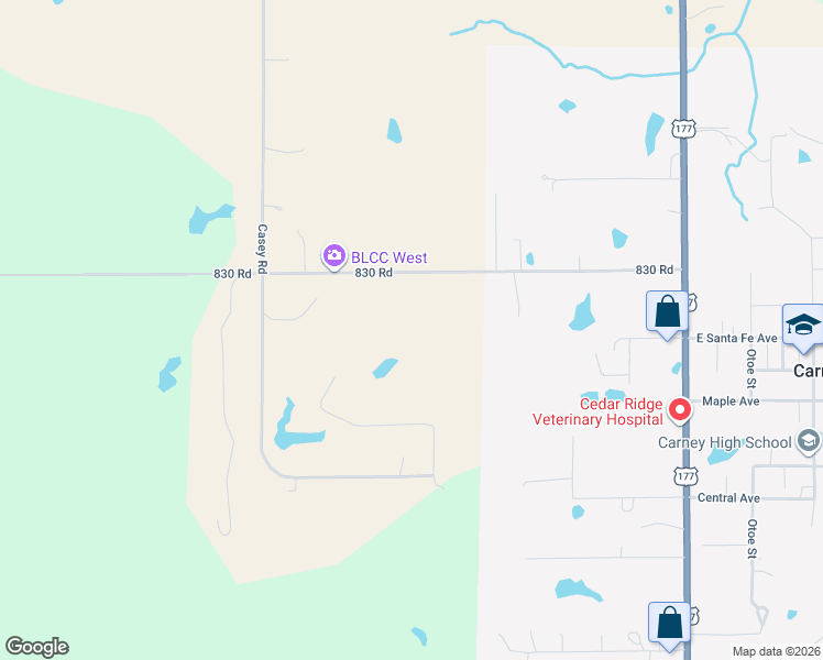 map of restaurants, bars, coffee shops, grocery stores, and more near 335301 830 Road in Carney