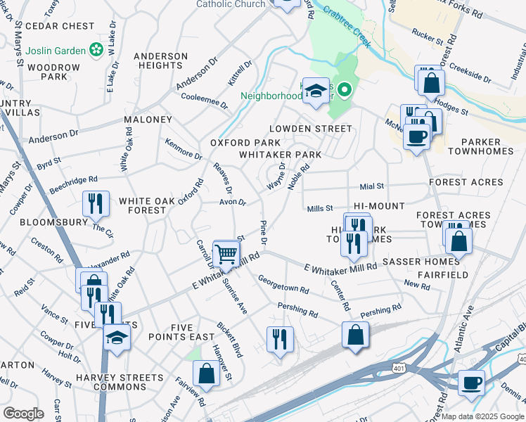map of restaurants, bars, coffee shops, grocery stores, and more near Pine Drive in Raleigh