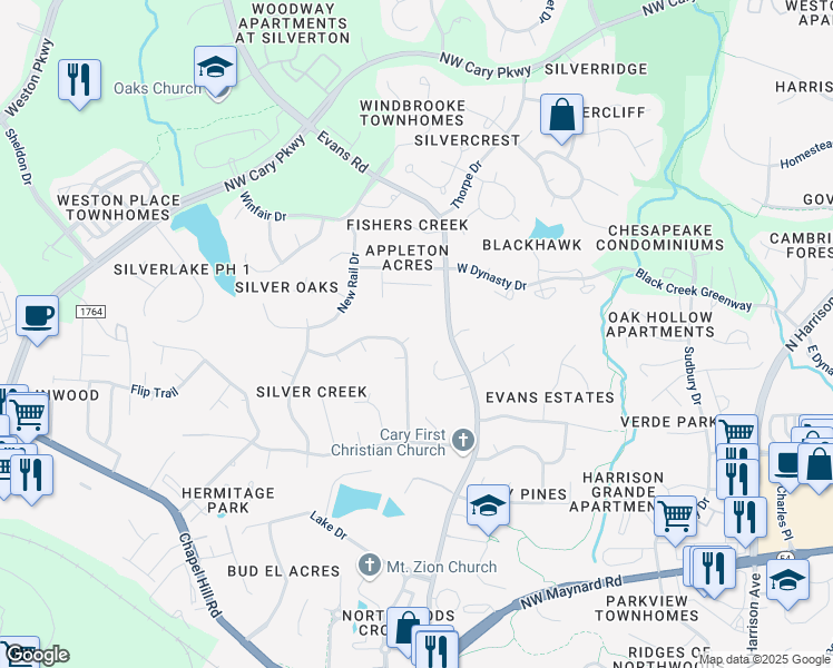 map of restaurants, bars, coffee shops, grocery stores, and more near 104 Broken Bow Court in Cary