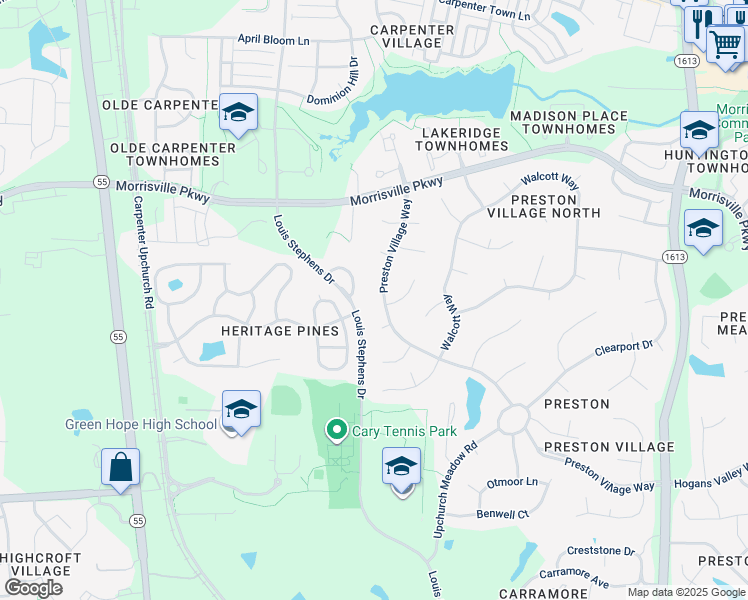 map of restaurants, bars, coffee shops, grocery stores, and more near 601 Preston Village Way in Cary