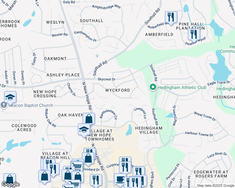 map of restaurants, bars, coffee shops, grocery stores, and more near 4609 Drewbridge Way in Raleigh