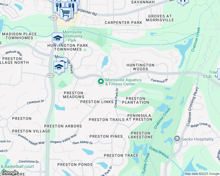 map of restaurants, bars, coffee shops, grocery stores, and more near 104 W Seve Ct in Morrisville
