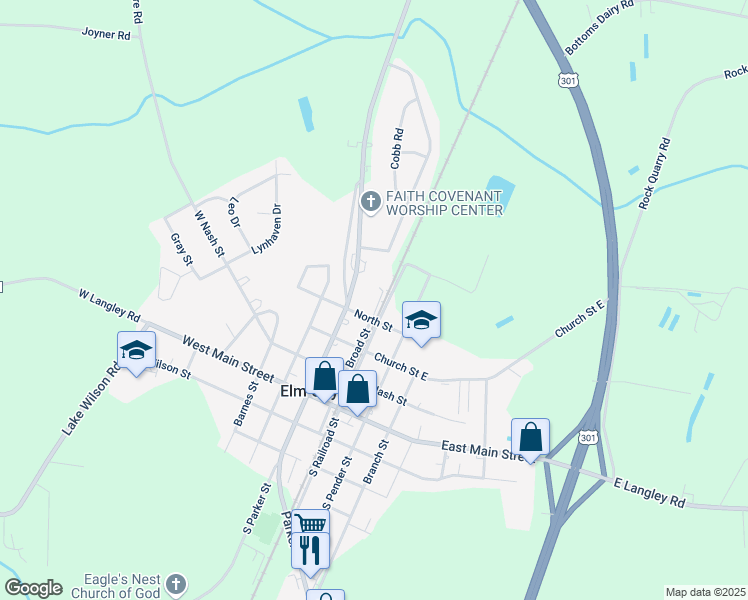 map of restaurants, bars, coffee shops, grocery stores, and more near Broad Street in Elm City
