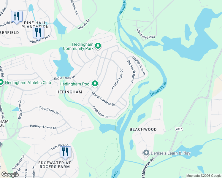 map of restaurants, bars, coffee shops, grocery stores, and more near 1944 Castle Pines Drive in Raleigh