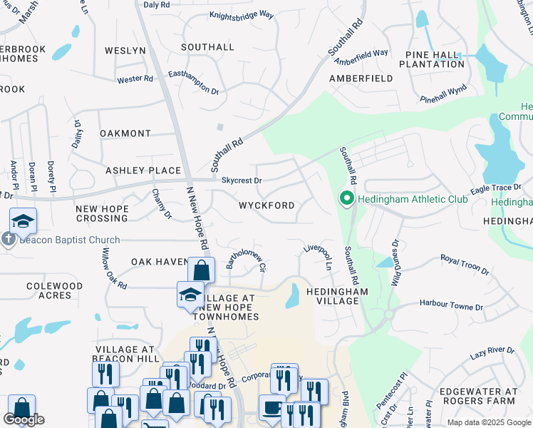 map of restaurants, bars, coffee shops, grocery stores, and more near 4609 Drewbridge Way in Raleigh