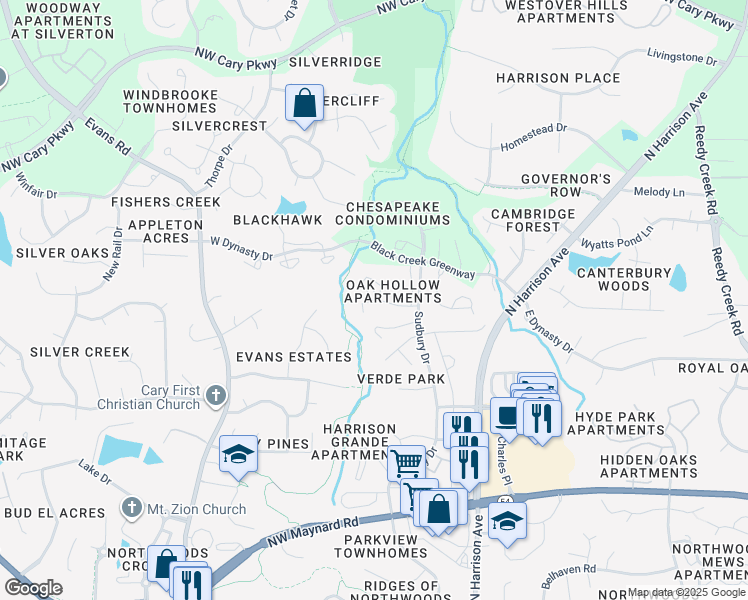map of restaurants, bars, coffee shops, grocery stores, and more near 105 Collier Place in Cary