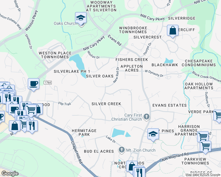 map of restaurants, bars, coffee shops, grocery stores, and more near 313 New Rail Drive in Cary