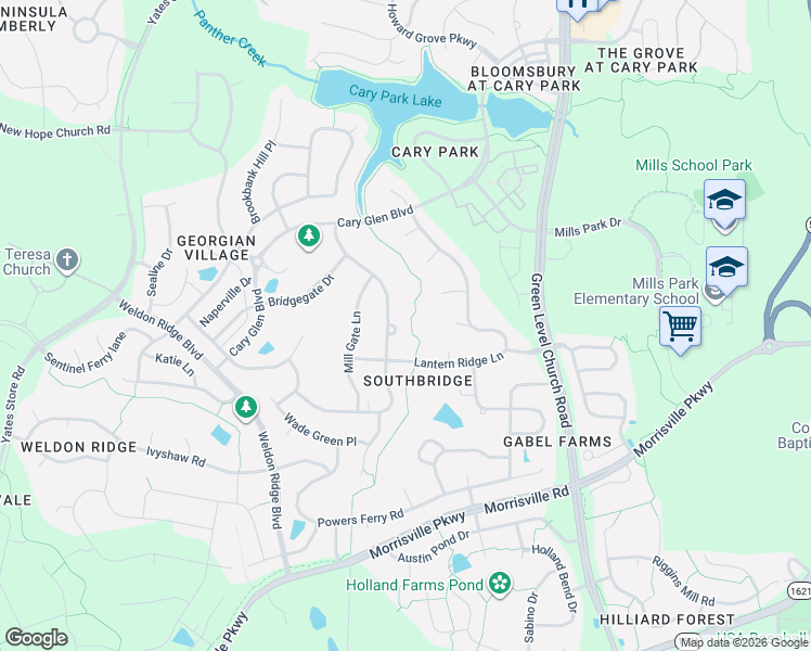 map of restaurants, bars, coffee shops, grocery stores, and more near 1021 Grogans Mill Drive in Cary