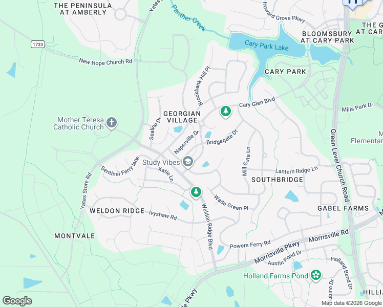 map of restaurants, bars, coffee shops, grocery stores, and more near 5616 Cary Glen Boulevard in Cary