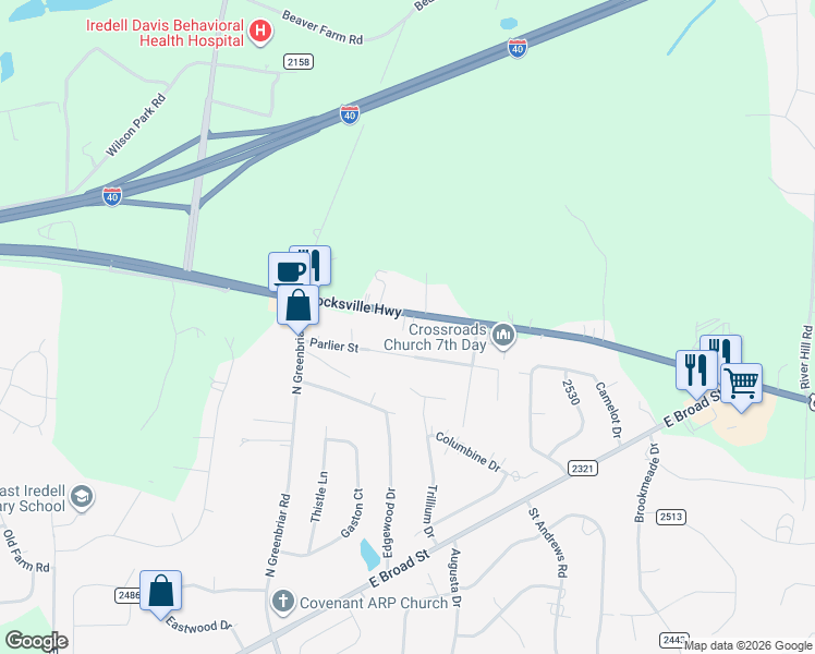map of restaurants, bars, coffee shops, grocery stores, and more near 382 Mocksville Highway in Statesville