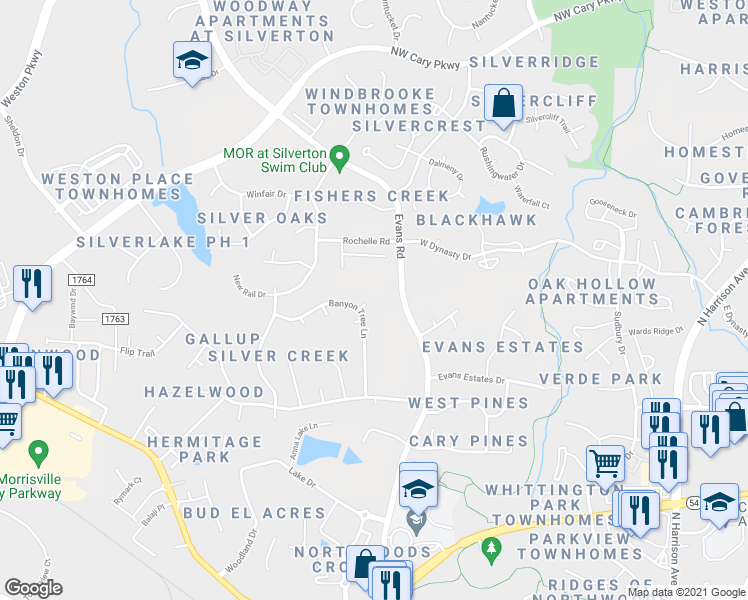 map of restaurants, bars, coffee shops, grocery stores, and more near 104 Broken Bow Court in Cary