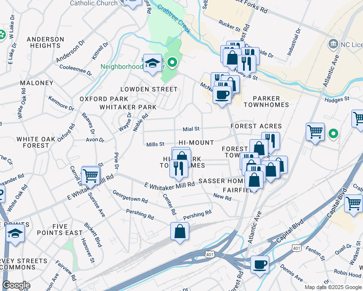 map of restaurants, bars, coffee shops, grocery stores, and more near 604 Mills Street in Raleigh