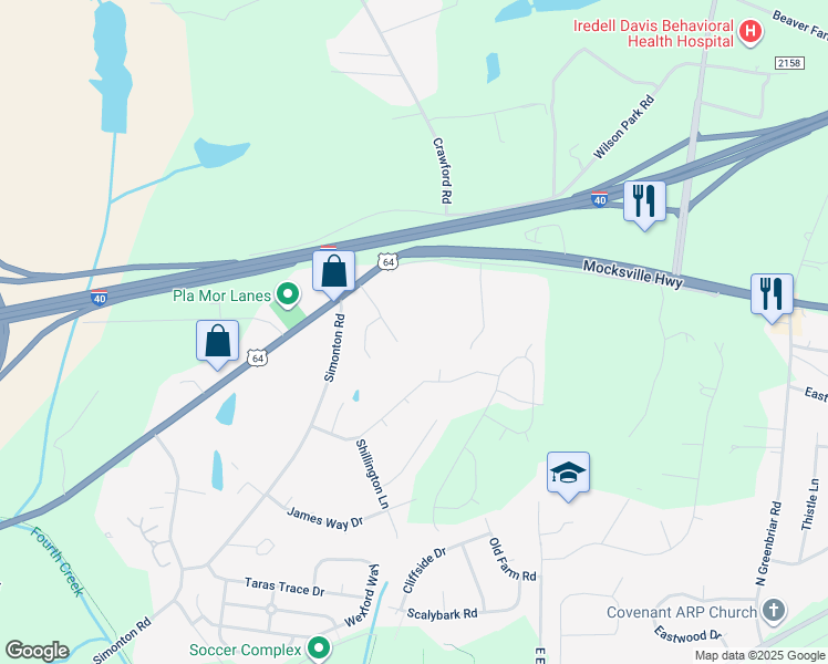 map of restaurants, bars, coffee shops, grocery stores, and more near Peachtree Road in Statesville
