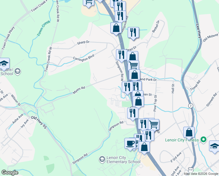 map of restaurants, bars, coffee shops, grocery stores, and more near 113 Pinewood Drive in Lenoir City
