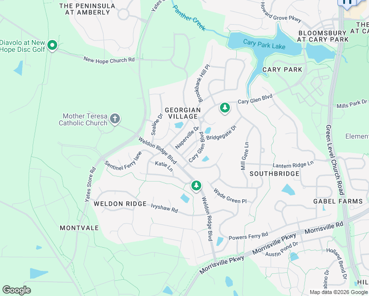 map of restaurants, bars, coffee shops, grocery stores, and more near 101 Frontgate Drive in Cary
