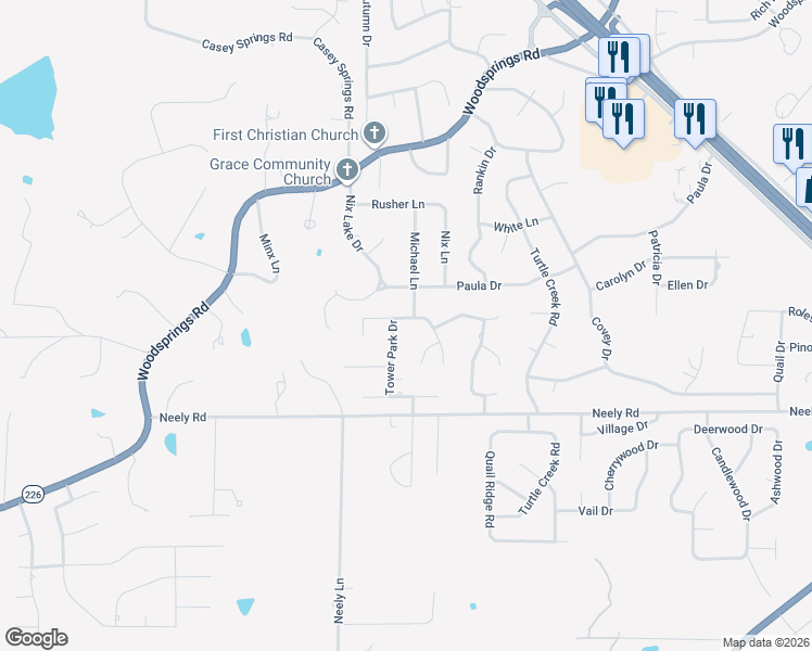 map of restaurants, bars, coffee shops, grocery stores, and more near 2804 Tower Park Drive in Jonesboro
