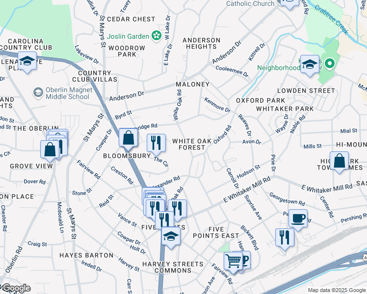 map of restaurants, bars, coffee shops, grocery stores, and more near 2109 White Oak Road in Raleigh